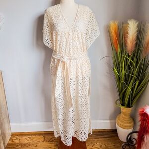 Jen's Pirate Booty, Ivory Floral Eyelet Belted Cover-up Midi Dress, Size Small